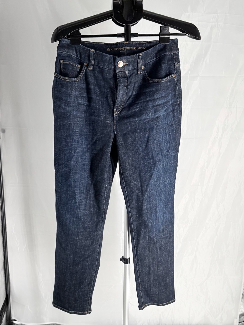 Chico's So Slimming Slim Fit Girlfriend Crop Dark Wash Blue Stretch Jeans Sz 0.5